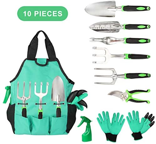 Aladom Known Vegetable Herb, Outdoor Gifts for Men Women Set 10 Pieces, Kit with Heavy Duty Aluminum Hand Tool and Digging Cla, Yellow