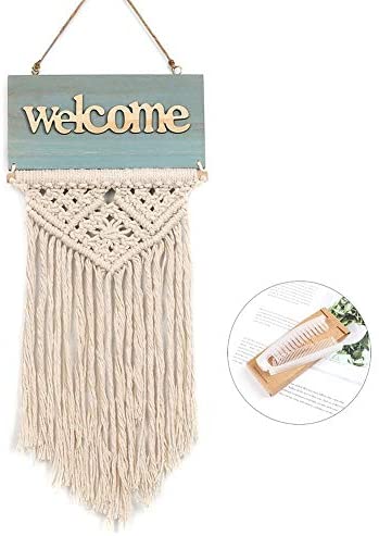 Alynsehom Macrame Wall Hanging Welcome Tapestry Handmade Wood Welcome Sign for Front Door Woven Fringe Wall Pediments Boho Chic Party Decors Bohemian Wedding Backdrop 16.5" x 7.5"