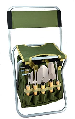 Bo-Toys 10-Piece Gardening Tool Set with Zippered Detachable Tote and Folding Stool Seat with Backrest