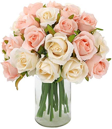 CEWOR 2 Packs Artificial Rose Flowers Bouquet 24 Heads Silk Flowers Rose for Home Bridal Wedding Party Festival Decor (Champagne and Pink)