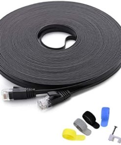 Cat 6 Ethernet Cable 100 ft (at a Cat5e Price but Higher Bandwidth) Flat Internet Network Cable - Cat6 Ethernet Patch Cable Short - Black Computer LAN Cable + Free Cable Clips and Straps