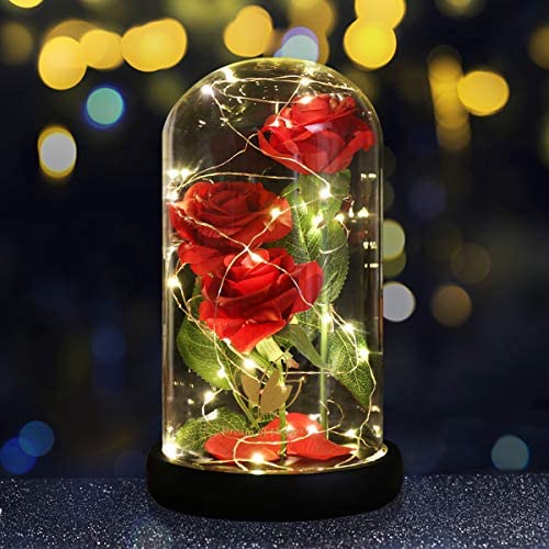 Dream of Flowers Beauty and The Beast Red Rose in Glass Dome with Fairy Light String, Valentine Rose Gift for Her, Birthday, Mother's Day Gifts