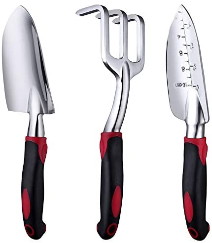 FANHAO Garden Tool Set, 3 Piece Cast-Aluminum Heavy Duty Gardening Gifts Tool Set Included Trowel, Transplant Trowel and Cultivator Hand Rake for Women and Men