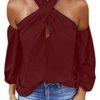 FEISI22 Womens Striped Off The Shoulder Tops 3 4 Flare Sleeve Tops Cold Shoulder Bell Sleeve Shirt Casual Blouses Tops