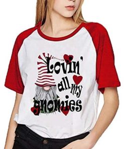 Fullyday Women Valentine's Day Short Sleeve Gnomes Print T-Shirt, Lovin All My Gnomies Crewneck Tee Top for Ladies Girls
