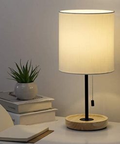 HAITRAL Wooden Table Lamp - Nightstand Desk Lamp with White Shade, Pull Chain Switch Bedside Lamp for Bedroom, Living Room, Kid Room, Dorm, Farmhouse, Home Office- White/Wooden