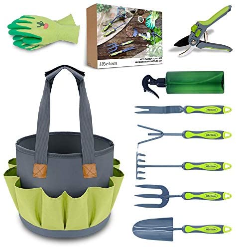 Hortem 9 PCS Garden Tools Set Include 5PCS Gardening Hand Tools, Bypass Pruners, Gardening Gloves, Garden Watering Can and Garden Bag Holder with Nice Wrapping Suitable for Garden Gifts