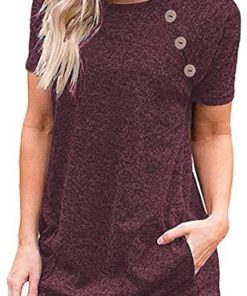 KESEELY Summer Short Sleeve Blouse - Women Casual Trim Solid Color O Neck with Buttons Tops Pockets Loose Fit Tunic Shirt