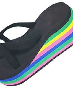 SONIGER ʕ•ᴥ•ʔWomens Chunky Flip Flops Platform Thong Shoes Rainbow Casual Ankle Strappy Outdoor Beach Wedges Sandals
