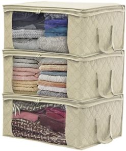 Sorbus Foldable Storage Bag Organizers, Large Clear Window & Carry Handles, Great for Clothes, Blankets, Closets, Bedrooms, and More (3-Pack, Beige)