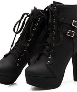 Susanny Women Autumn Round Toe Lace Up Ankle Buckle Chunky High Heel Platform Knight Martin Boots