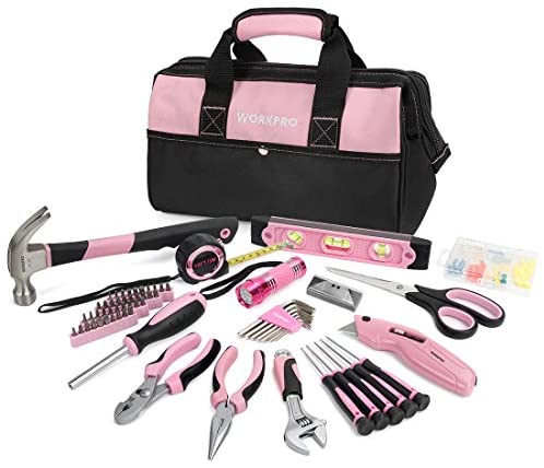 WORKPRO Pink Tool Kit, 75-Piece Lady's Home Repairing Tool Set with Wide Mouth Open Storage Bag