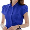 Women Cotton Collared Pleated Button Down Shirt Tulip Sleeve Blouse